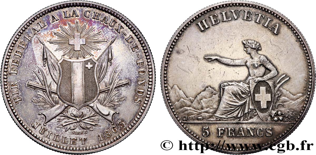 SUIZA 5 Francs Tir fédéral de la Chaux-de-Fond 1863  MBC+ 