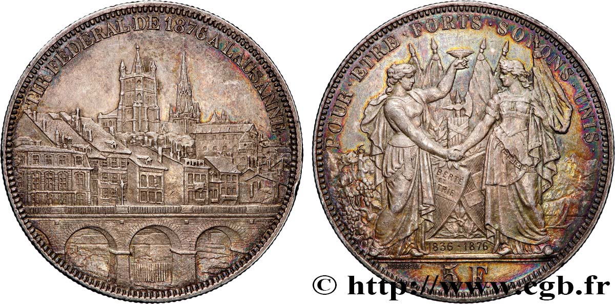 SUISSE 5 Francs, monnaie de Tir, Lausanne 1876  TTB+ 