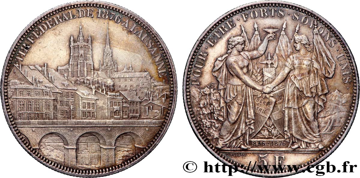 SUISSE 5 Francs, monnaie de Tir, Lausanne 1876  TTB+ 