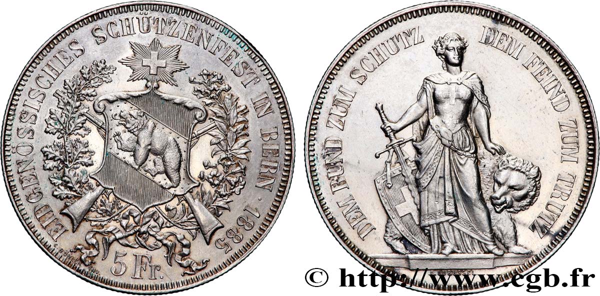SWITZERLAND 5 Francs, concours de Tir de Berne 1885  AU 
