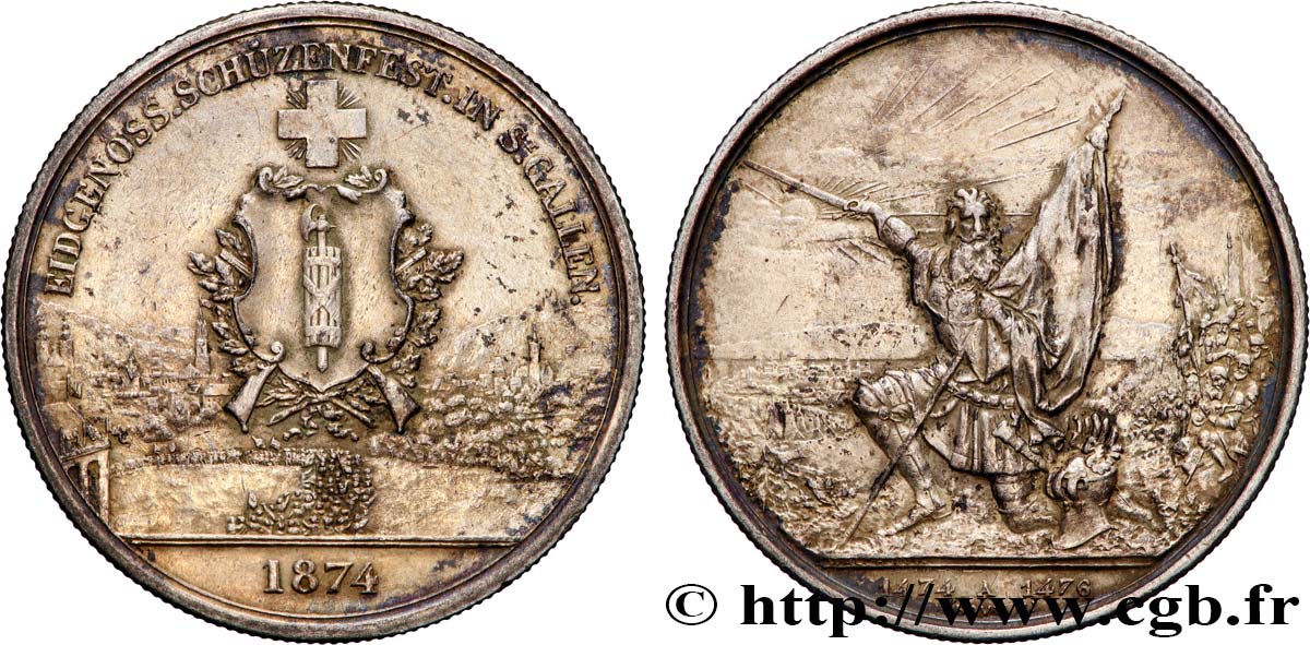 SUISSE 5 Francs, monnaie de Tir, Saint-Gall 1874  TTB 