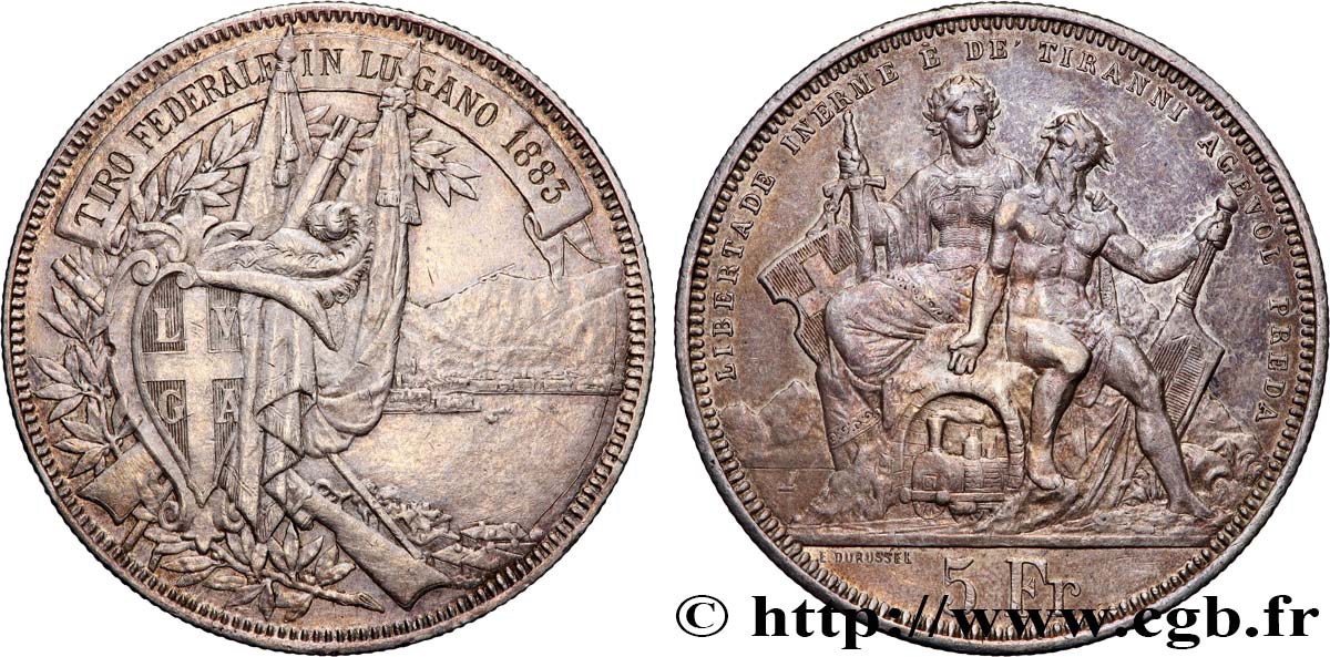 SWITZERLAND 5 Francs, concours de Tir de Lugano 1883  XF 
