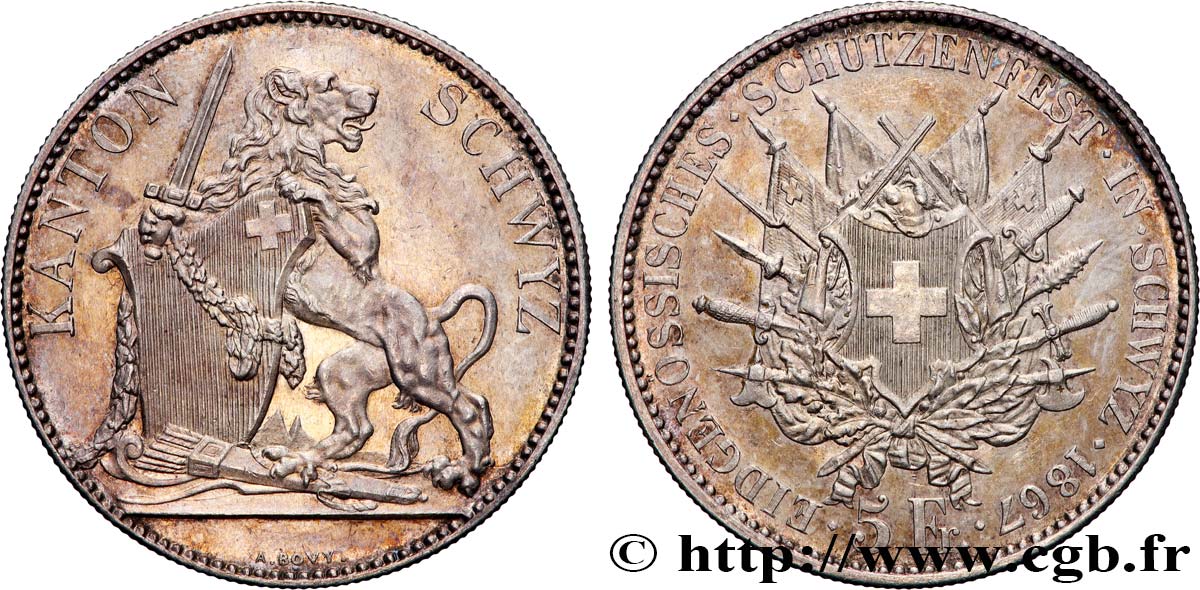 SWITZERLAND - CONFEDERATION OF HELVETIA - CANTON OF SCHWYZ 5 Franken 1867  AU 