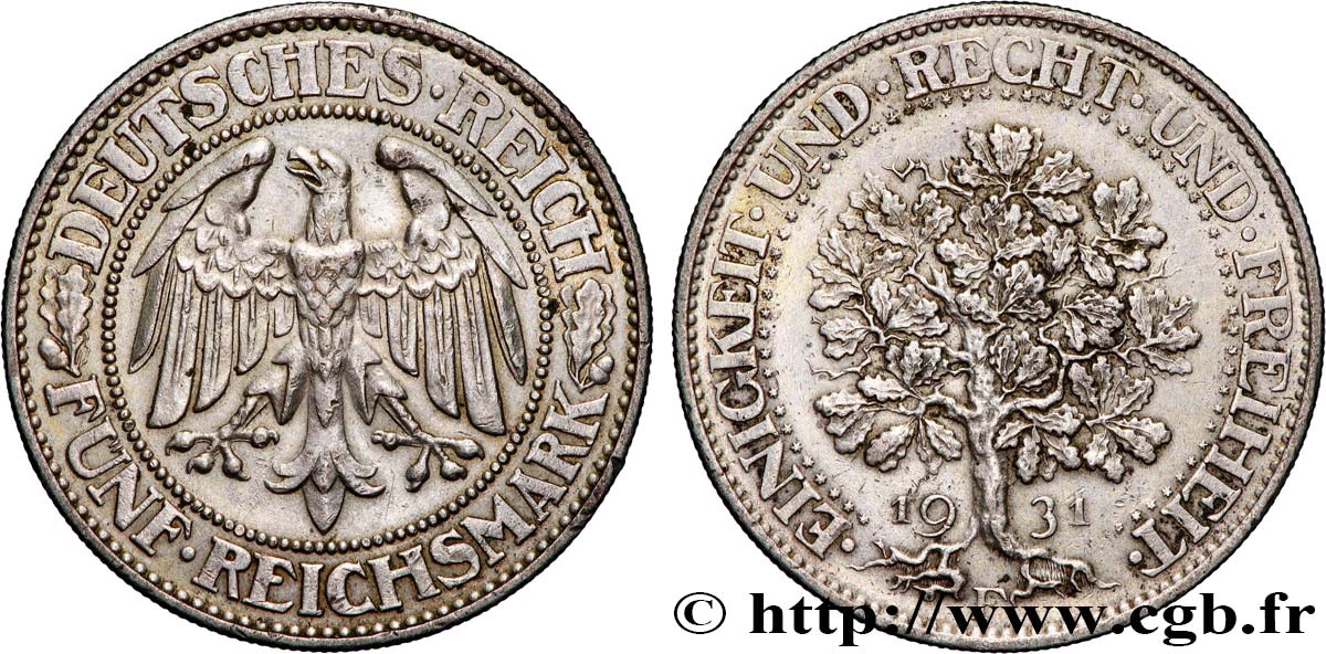 GERMANY - WEIMAR REPUBLIC 5 Reichsmark 1931 Stuttgart AU 