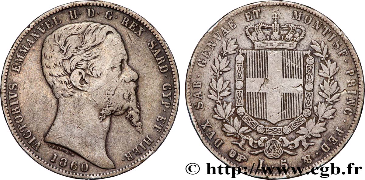 ITALY - KINGDOM OF SARDINIA 5 Lire Victor Emmanuel 1860 Turin VF 