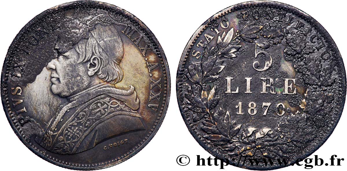 VATICAN - PIUS IX (Giovanni Maria Mastai Ferretti) 5 Lire an XXV 1870 Rome XF 