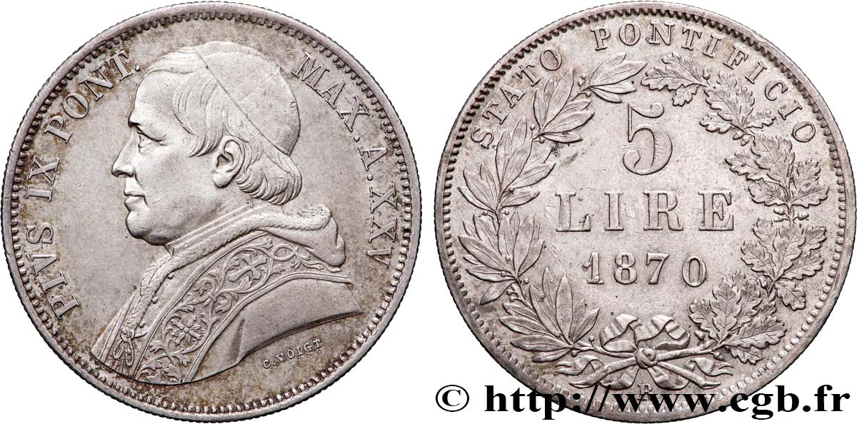 ITALIE - ÉTATS DU PAPE - PIE IX (Jean-Marie Mastai Ferretti) 5 Lire an XXIV 1870 Rome TTB+ 