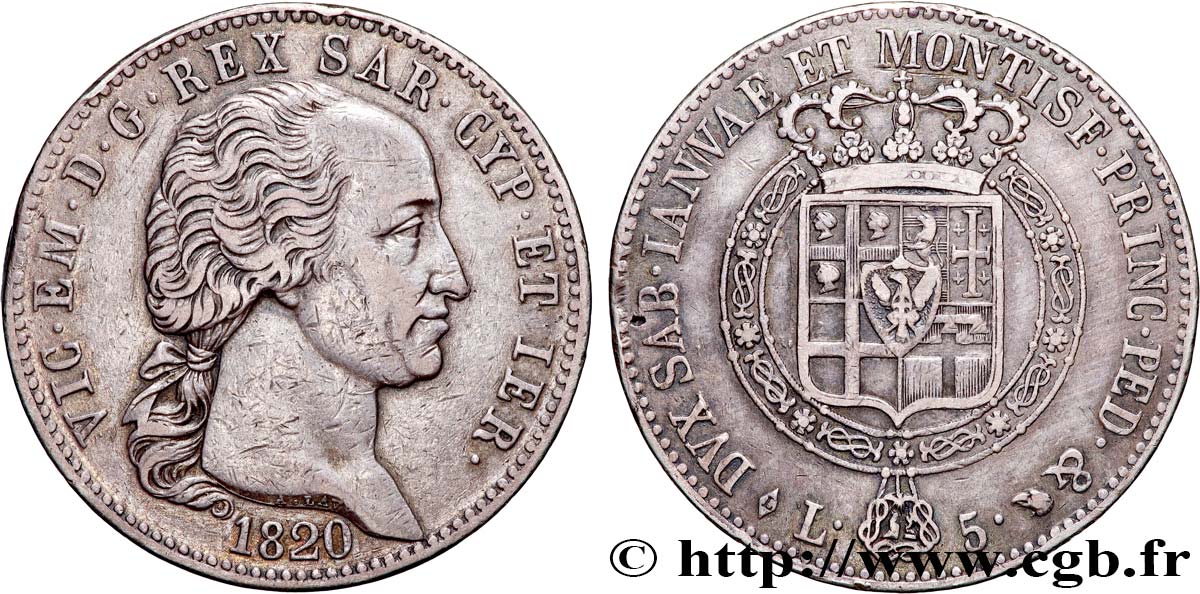 ITALY - KINGDOM OF SARDINIA - VICTOR-EMMANUEL I 5 Lire  1820 Turin AU 