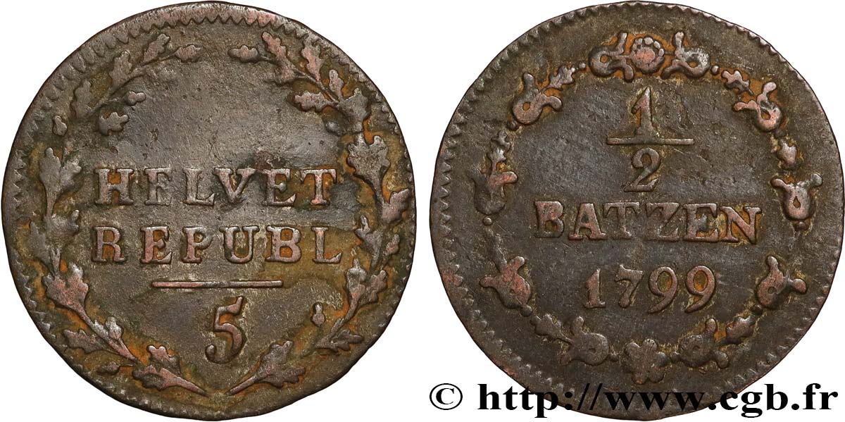 SUISSE - RÉPUBLIQUE HELVÉTIQUE 1/2 Batzen 1799 Berne TTB 