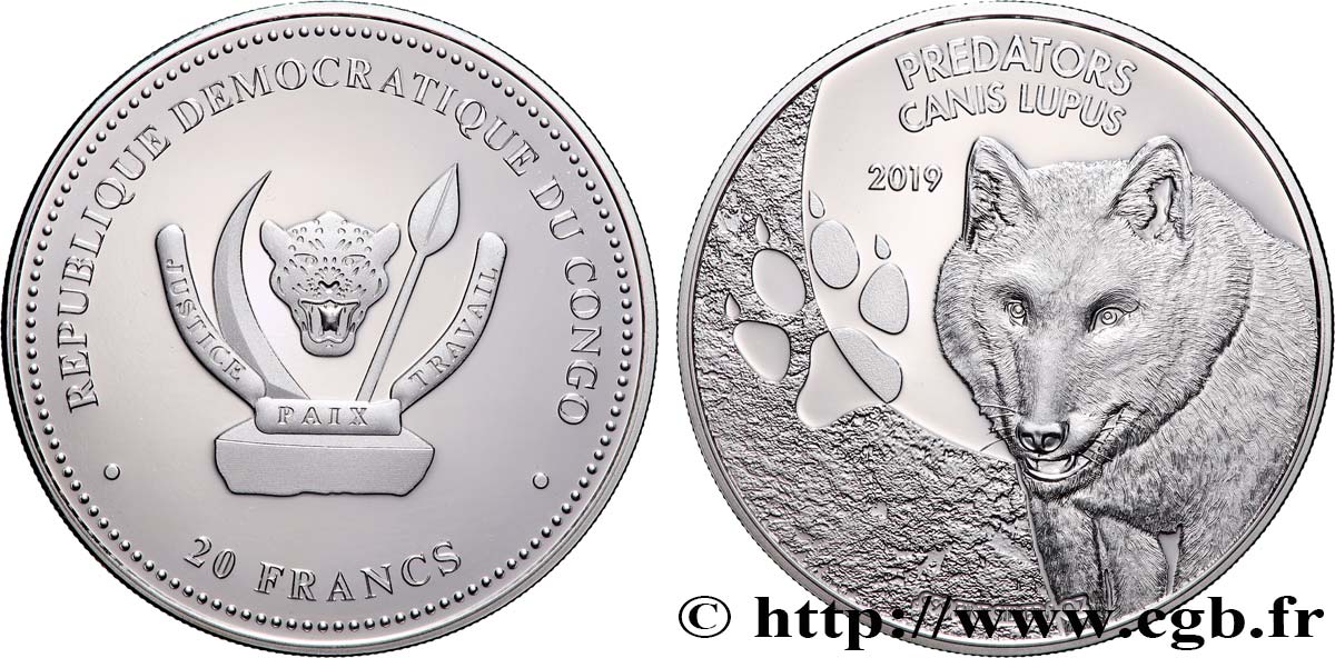 RÉPUBLIQUE DÉMOCRATIQUE DU CONGO 20 Francs Proof Le Loup 2019  SPL 