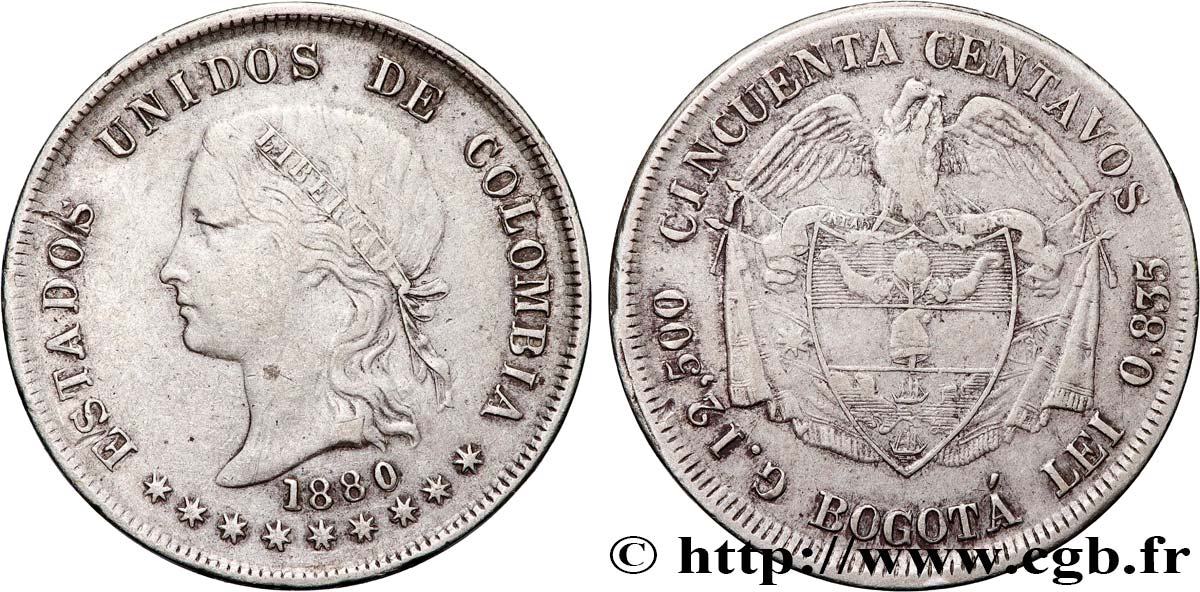 COLOMBIA 50 Centavos 1880 Bogota MBC 