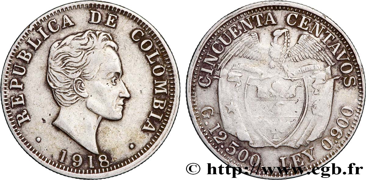 COLOMBIA 50 Centavos emblème Simon Bolivar 1918 Birmingham q.BB 