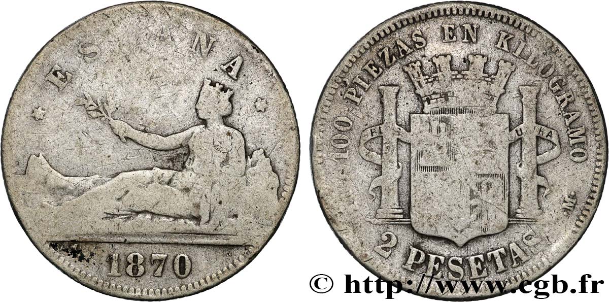 ESPAGNE 2 Pesetas “ESPAÑA” 1870 Madrid TB 