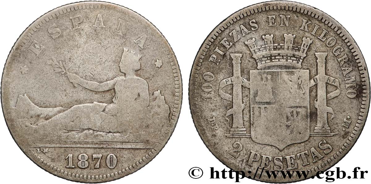 ESPAÑA 2 Pesetas “ESPAÑA” 1870 Madrid BC 