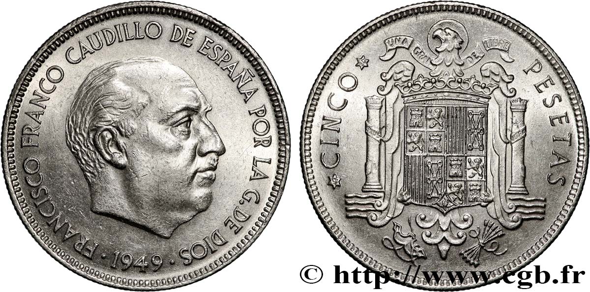 SPAIN 5 Pesetas Franco (1950) 1949  AU 