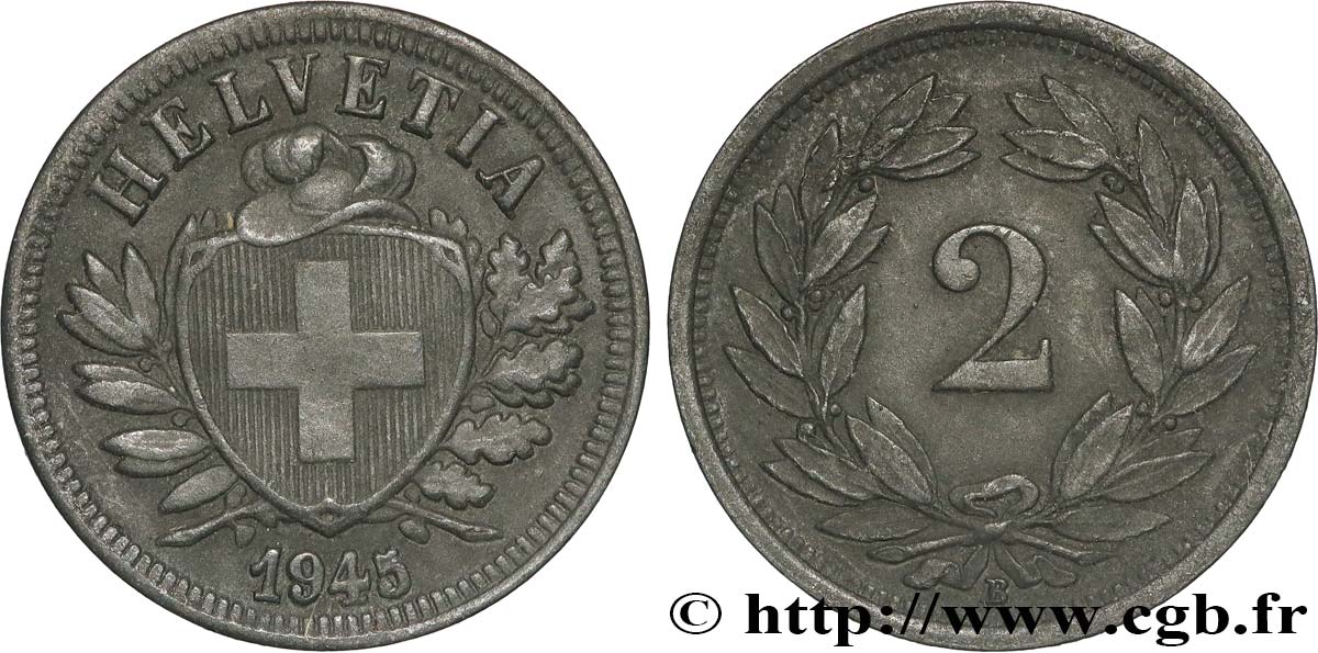 SUIZA 2 Centimes Croix Suisse 1945 Berne - B MBC+ 