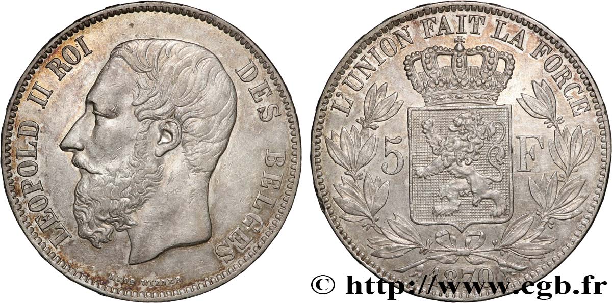 BELGIQUE 5 Francs Léopold II 1870  TTB+ 