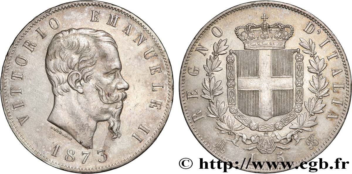 ITALIE 5 Lire Victor Emmanuel II 1873 Milan TTB 