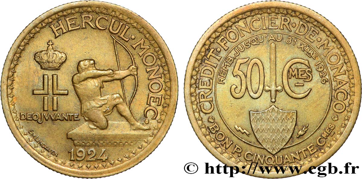 MONACO 50 Centimes émission du Crédit Foncier de Monaco 1924 Poissy TTB 