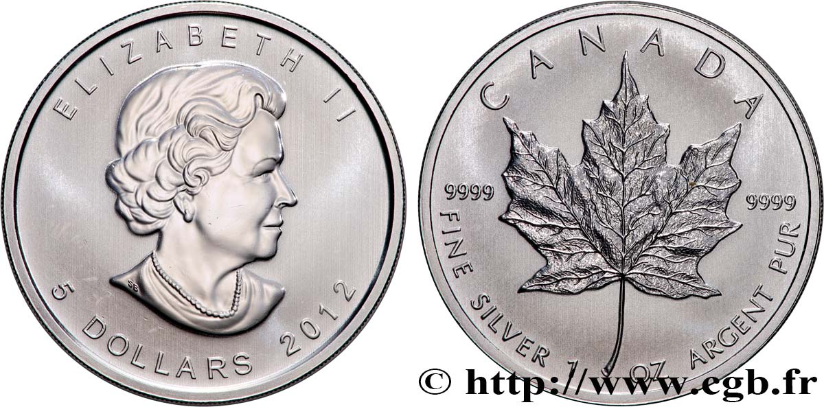 SILVER INVESTMENT 1 Oz - 5 Dollars Mapple Leaf  2012  ST 