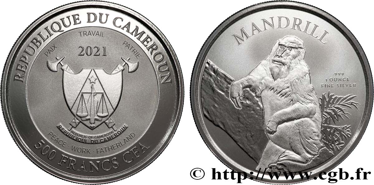 SILVER INVESTMENT 1 Oz - 500 Francs CFA Mandrill 2021  MS 