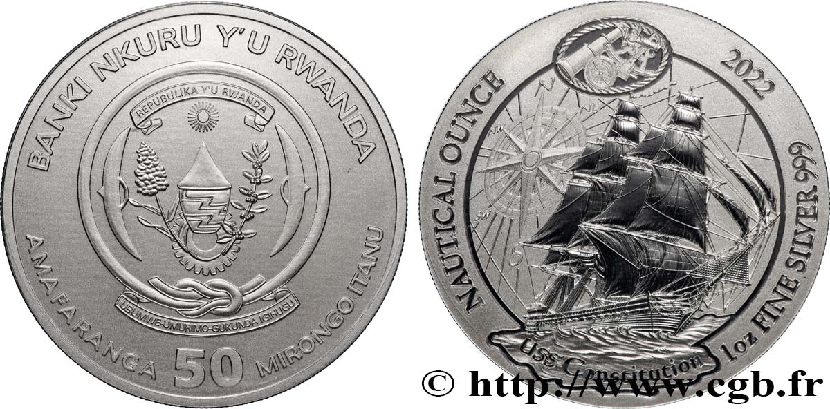 PLATA INVERSIÓN 1 Oz - 50 Francs USS Constitution Nautique 2022  FDC 