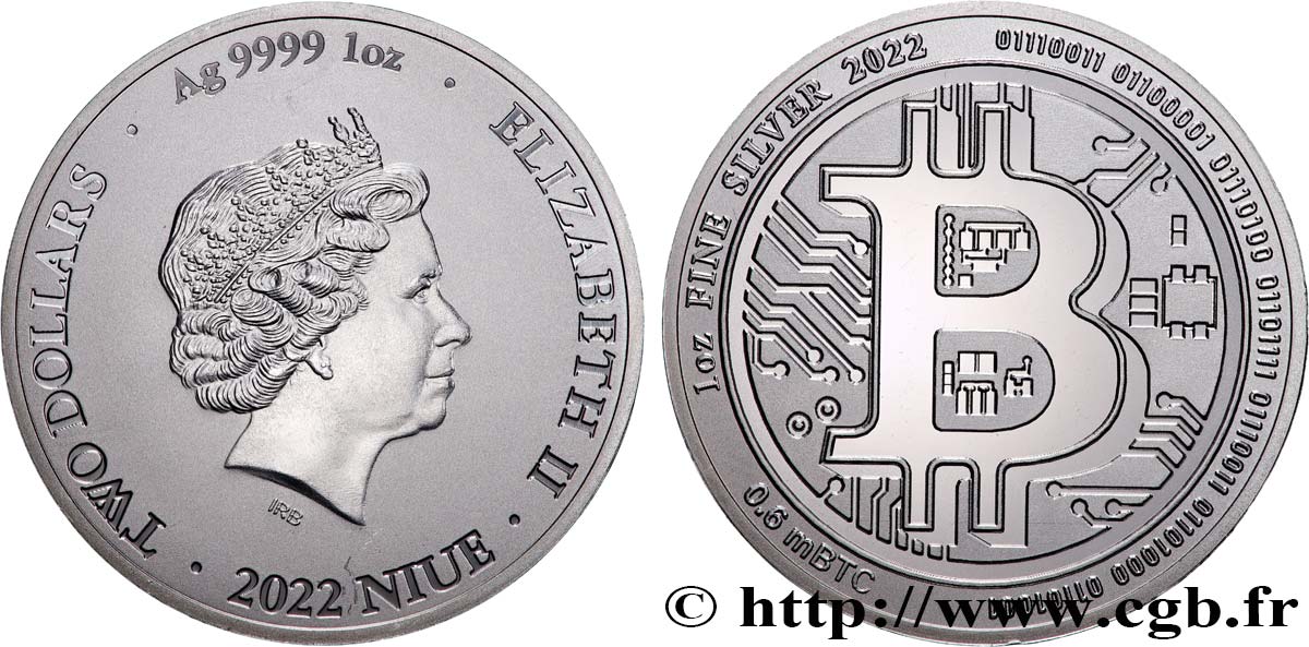 ARGENT D INVESTISSEMENT 1 Oz - 2 Dollars Bitcoin 2022  FDC 