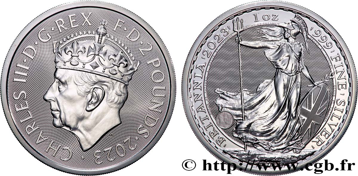 ARGENT D INVESTISSEMENT 1 Oz - 2 Pounds Britannia, portrait couronné 2023  FDC 