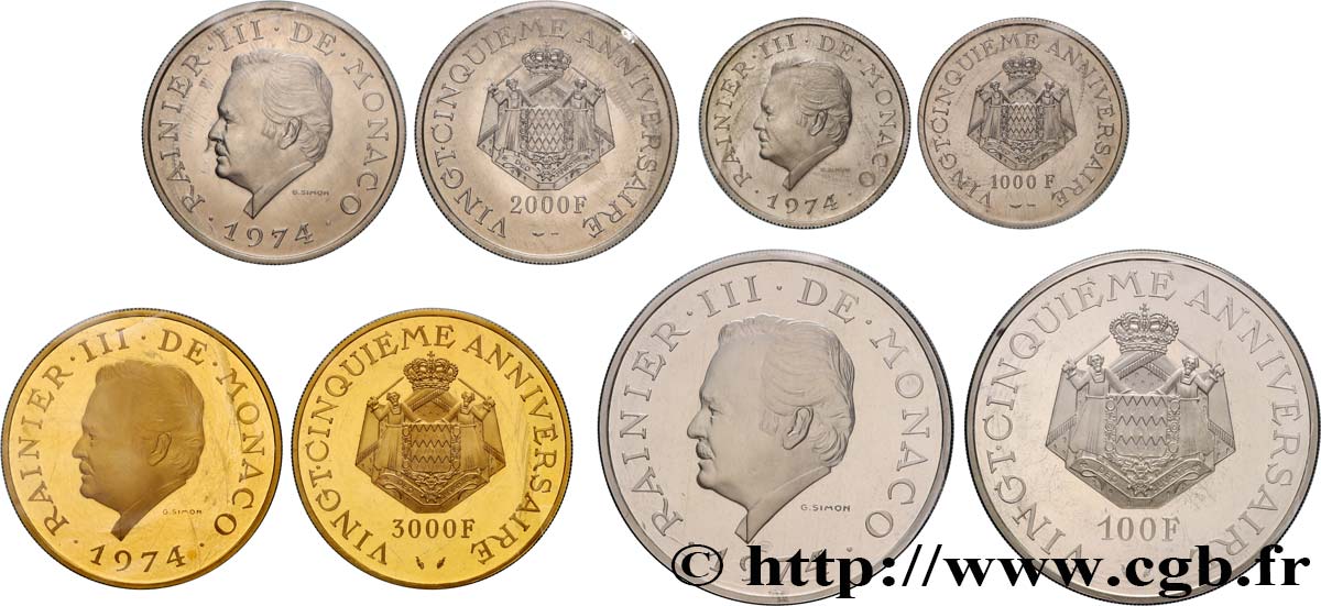 MÓNACO - PRINCIPADO DE MÓNACO - RANIERO III Lot de 4 pièces commémorant le 25e anniversaire de règne de Rainier III (or, platine et argent) 1974 Paris FDC 