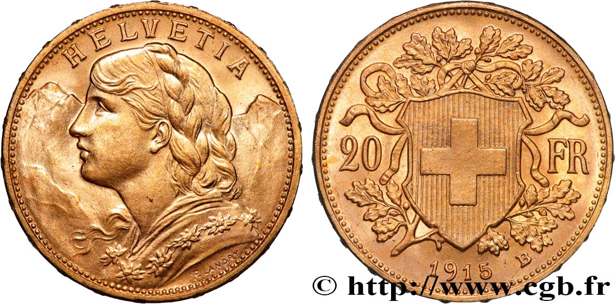 GOLD-, PALLADIUM- UND PLATIN-INVESTITIONEN 20 Francs  Vreneli   1915 Berne VZ+ 