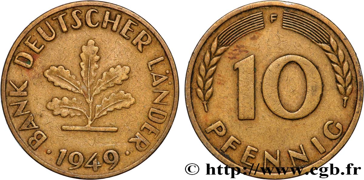 GERMANY 10 Pfennig Bank deutscher L nder 1949 Stuttgart F