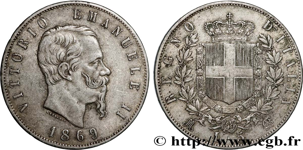 ITALIE 5 Lire Victor Emmanuel II 1869 Milan TTB 