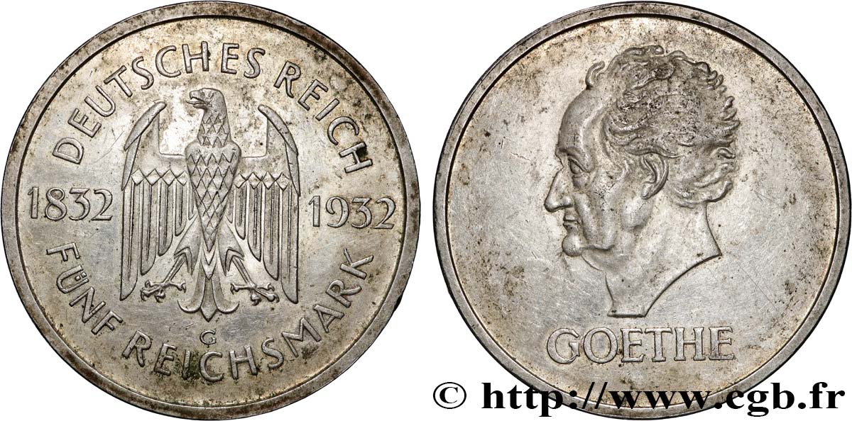 DEUTSCHLAND 5 Reichsmark Goethe 1932 Karlsruhe fVZ 