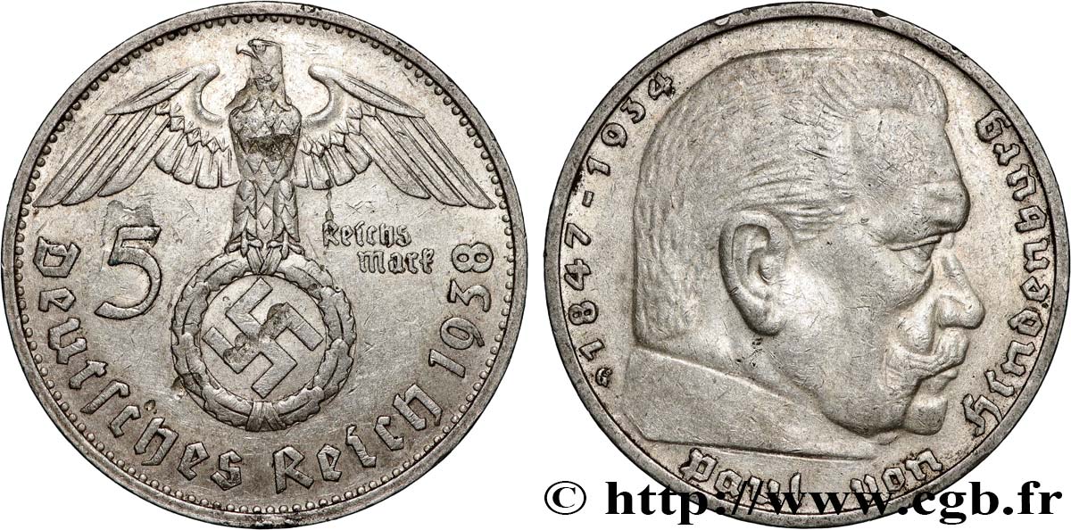 ALLEMAGNE 5 Reichsmark Maréchal Paul von Hindenburg 1938 Karlsruhe TTB 