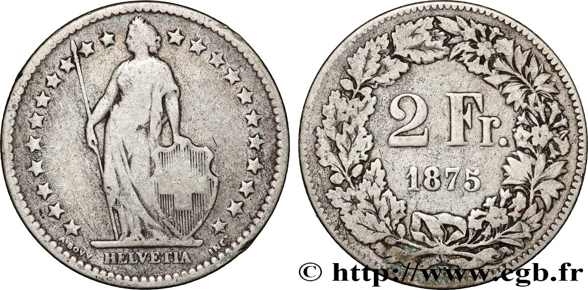 SUISSE 2 Francs Helvetia 1875 Berne TB 