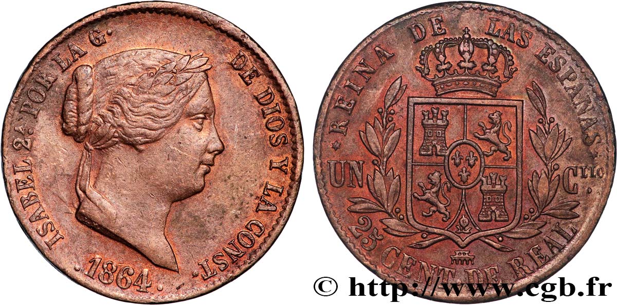 ESPAGNE 25 Centimos de Real (Cuartillo) Isabelle II  1864 Ségovie TTB+ 