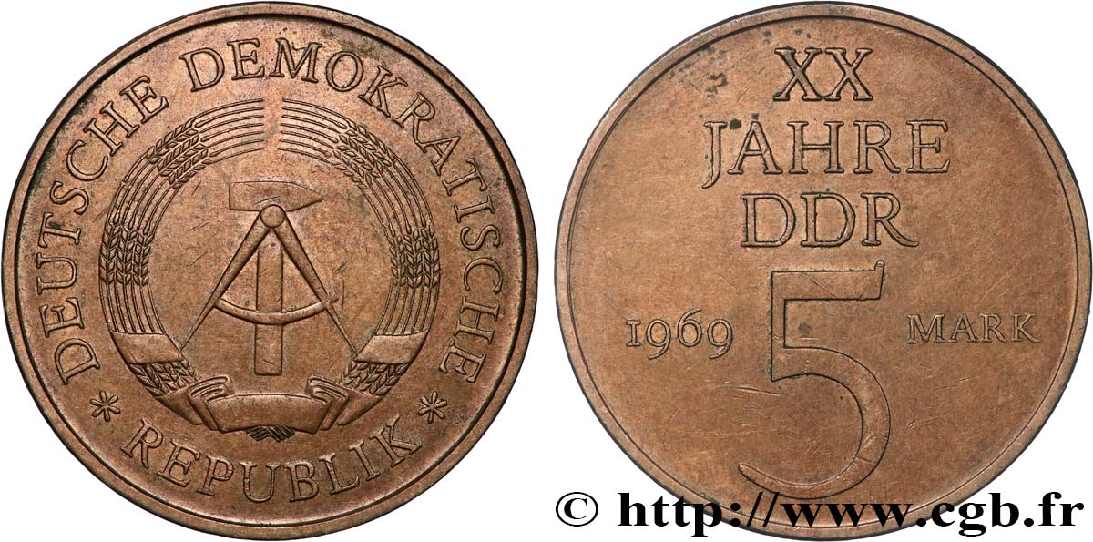 ALLEMAGNE RÉPUBLIQUE DÉMOCRATIQUE 5 Mark 20e anniversaire de la fondation de la RDA 1969 Berlin SUP 