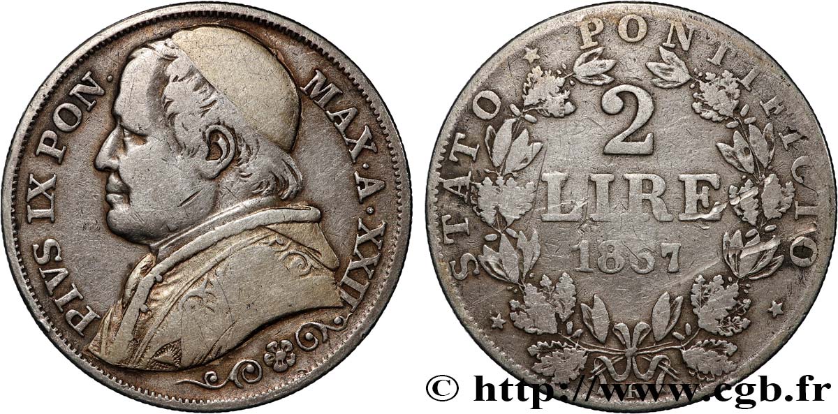 VATICAN ET ÉTATS PONTIFICAUX 2 Lire Pie IX an XXII 1867 Rome TB+ 
