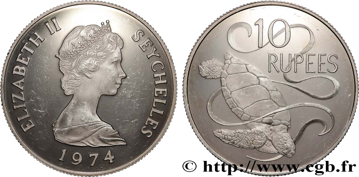 SEYCHELLES 10 Rupees Proof Elisabeth II / tortue 1974  SUP 