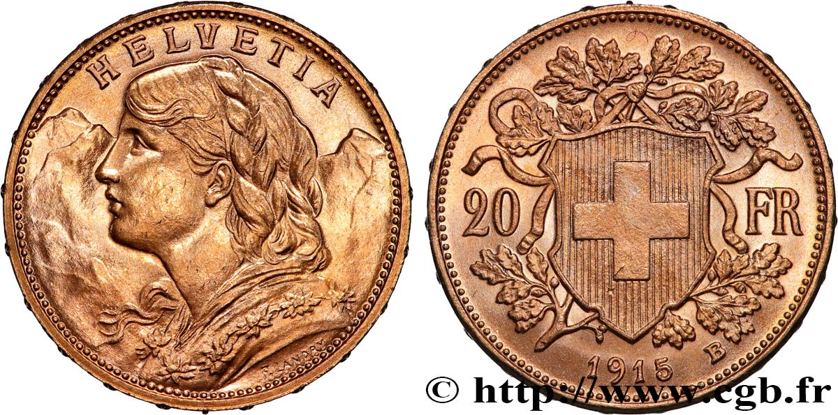 INVESTMENT GOLD 20 Francs  Vreneli   1915 Berne SPL+ 