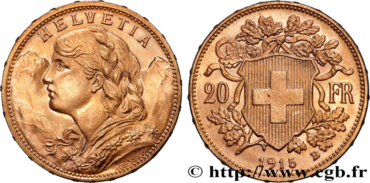 INVESTMENT GOLD 20 Francs  Vreneli   1915 Berne VZ+ 