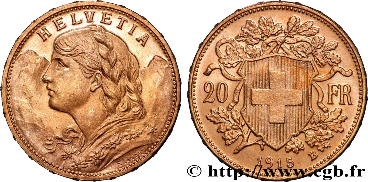 INVESTMENT GOLD 20 Francs  Vreneli   1915 Berne EBC+ 