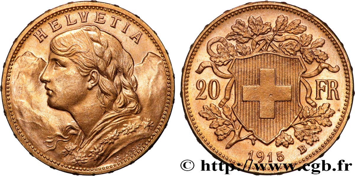 INVESTMENT GOLD 20 Francs  Vreneli   1915 Berne EBC+ 