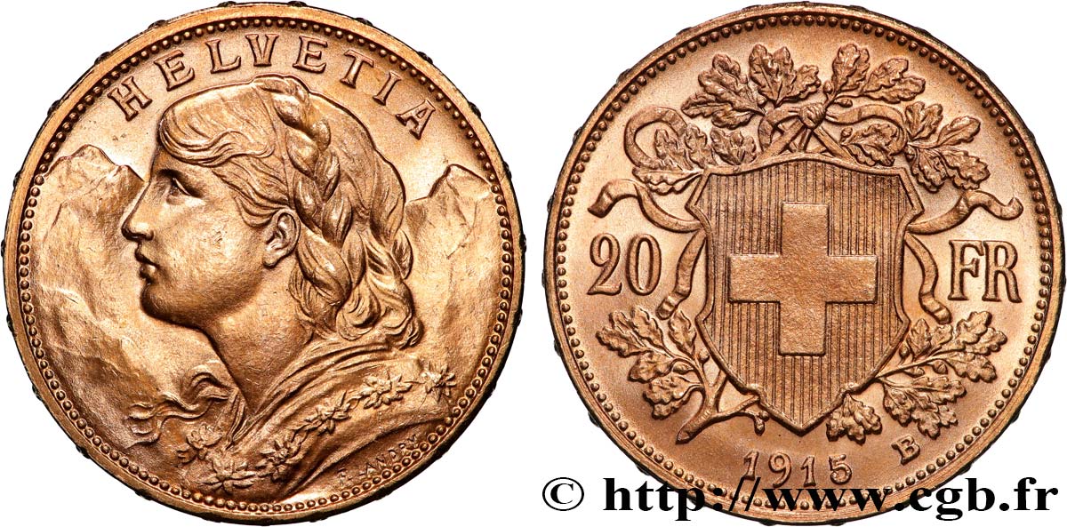 INVESTMENT GOLD 20 Francs  Vreneli   1915 Berne VZ+ 