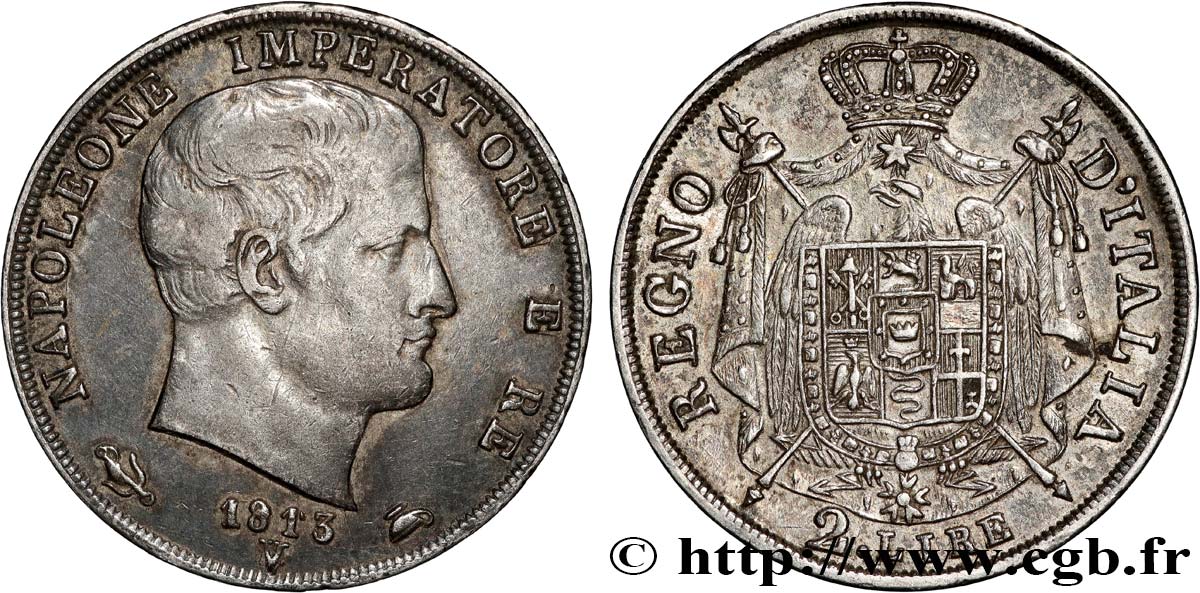 ITALIA - REINO DE ITALIA - NAPOLEóNE I 2 Lire 1813 Venise MBC 