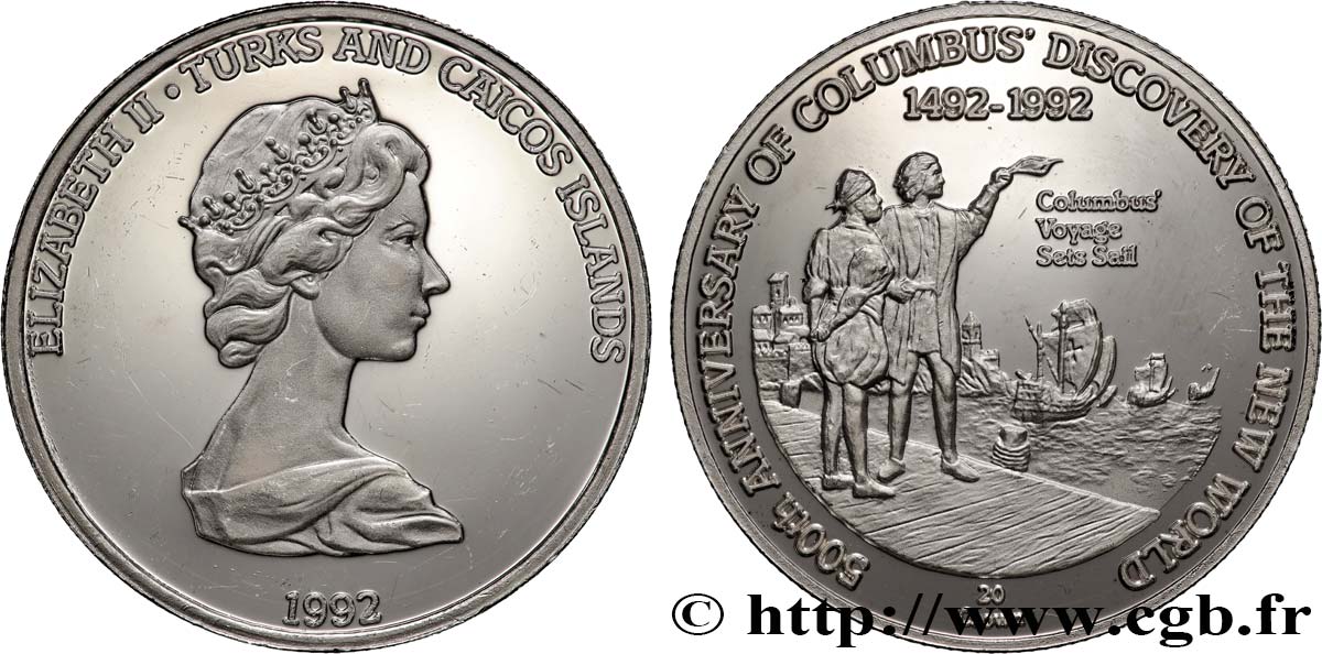 ÎLES TURQUES ET CAÏQUES 20 Crowns Proof 500e anniversaire de la découverte de l’Amérique : Elisabeth II / Christophe Colomb 1992  SPL 