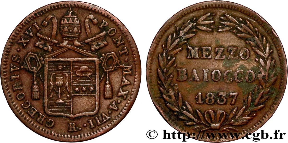 VATICAN AND PAPAL STATES 1/2 Baiocco au nom de Grégoire XVI an VII 1837 Rome XF 