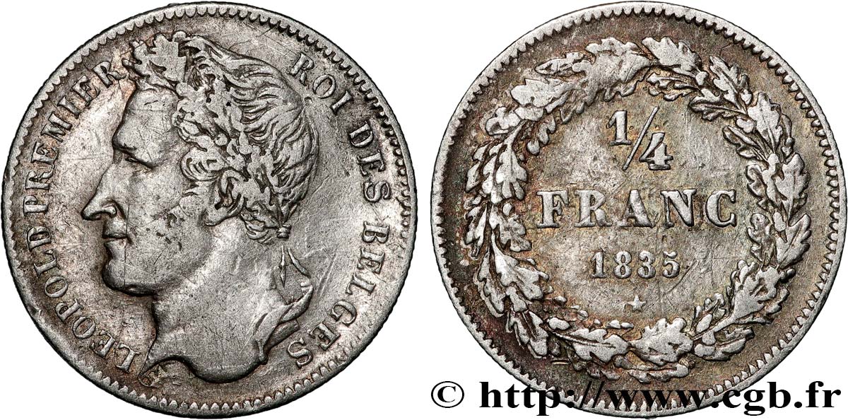 BELGIQUE - ROYAUME DE BELGIQUE - LÉOPOLD Ier 1/4 Franc Léopold Ier tête laurée type avec signature 1835 Bruxelles MBC 