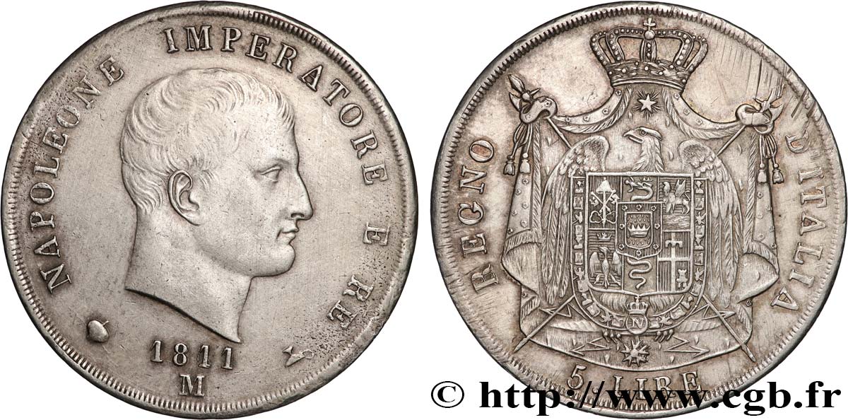 ITALIE - ROYAUME D ITALIE - NAPOLÉON Ier 5 Lire 1811 Milan TTB+ 