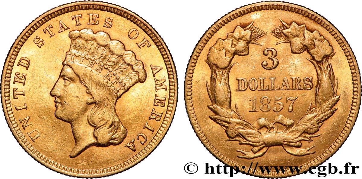 UNITED STATES OF AMERICA 3 Dollars ”Indian Princess” 1857 Philadelphie AU 